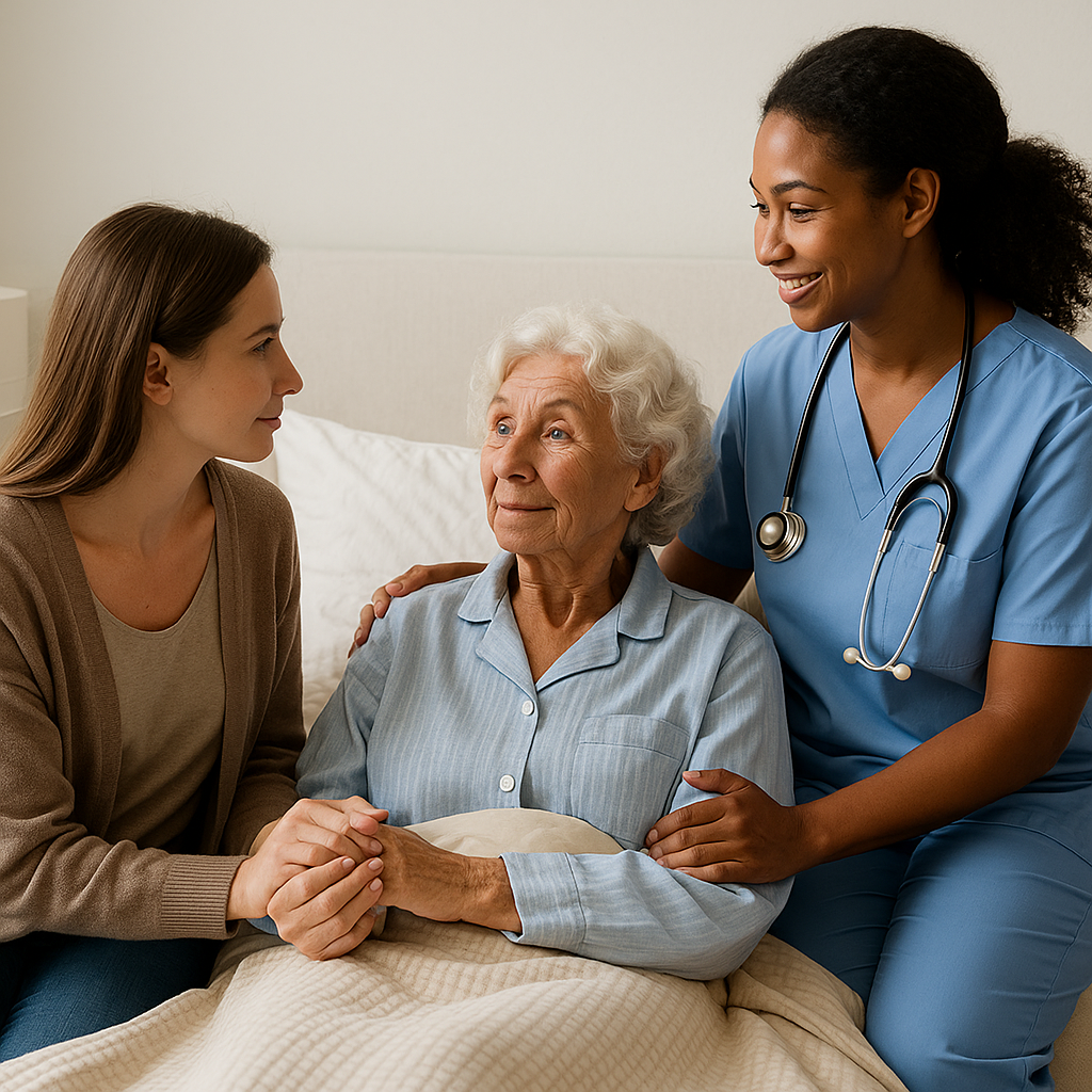 Elderly woman in bed with caregiver and nurse offering support and comfort.