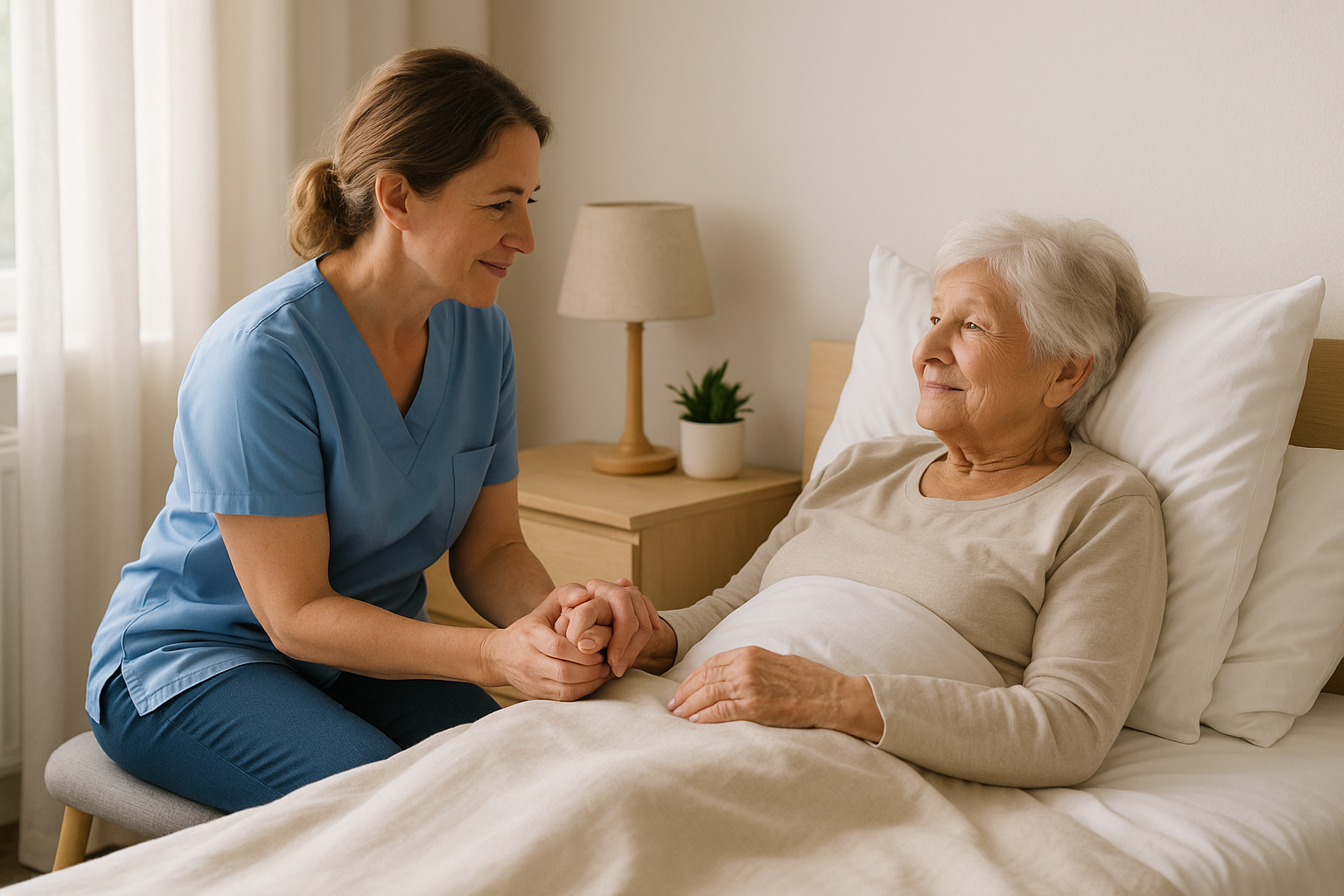 A compassionate female caregiver gently holds the hand of an elderly woman lying in bed at home, sharing a comforting moment in a softly lit, peaceful bedroom.