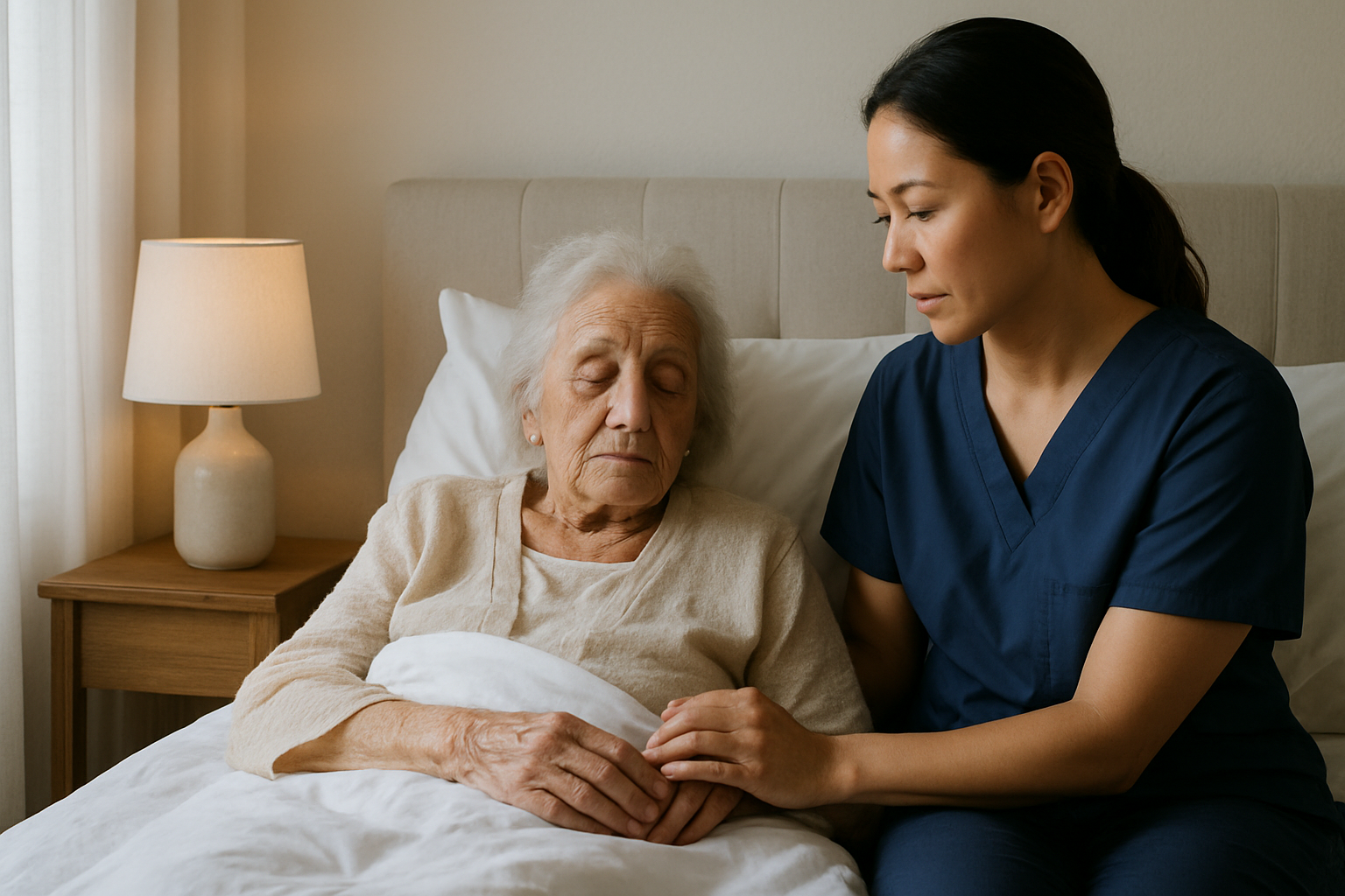 An elderly woman resting in bed with her eyes closed while a compassionate caregiver gently holds her hand in a softly lit room.
