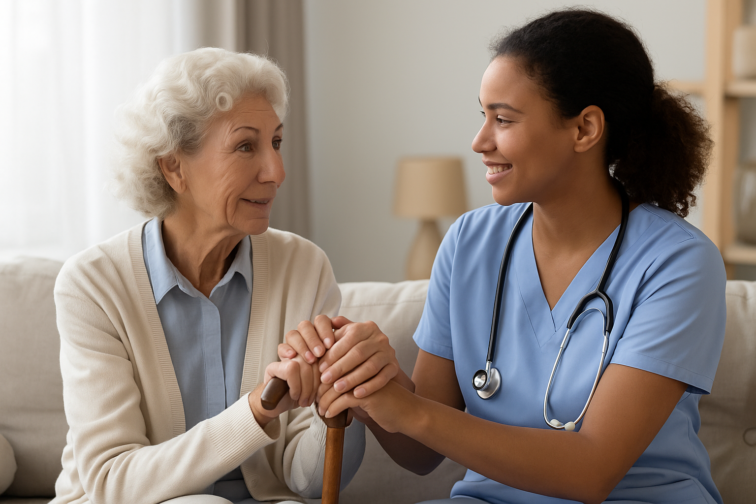 Hospice care in Los Angeles California nurse providing emotional support to patient at home.